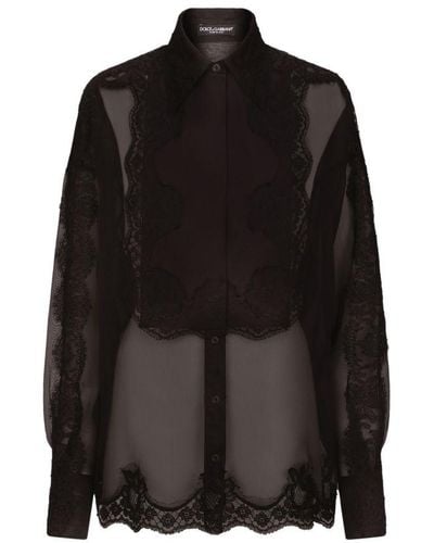 Dolce & Gabbana Organza Tuxedo Shirt With Lace Inserts - Black