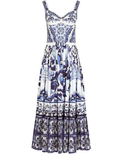 Dolce & Gabbana Langes Bustier-Kleid aus Popeline mit Majolika-Print - Blau