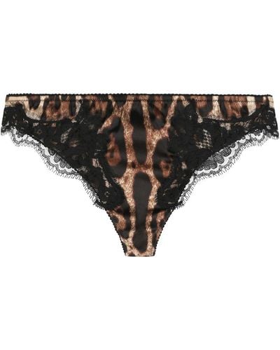 Dolce & Gabbana Leopard-print Satin Thong With Lace Detailing - Black