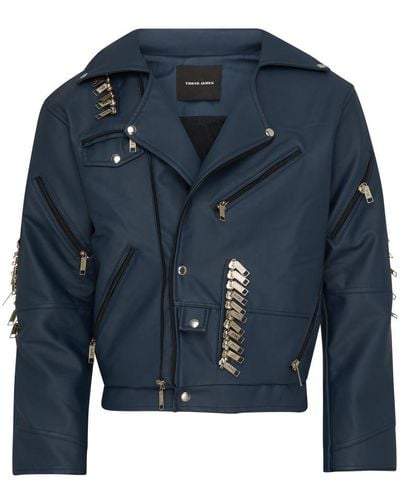 TOKYO JAMES Vegan Leather Cropped Biker Jacket - Blue