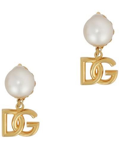 Dolce & Gabbana -plated Logo Pearl Drop Earrings - Metallic