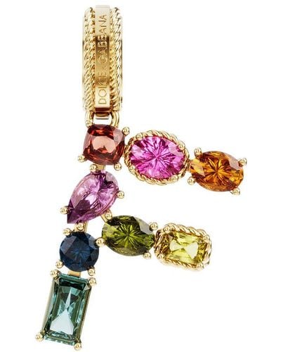 Dolce & Gabbana Rainbow Alphabet F 18 Kt Yellow Gold Charm With Multicolor Fine Gems - Metallic