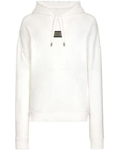 Dolce & Gabbana Hooded Sponge Jersey Sweatshirt With Logo Plaque - White