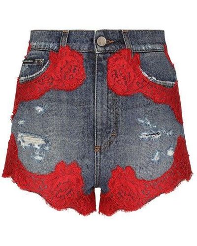 Dolce & Gabbana Denim Shorts With Lace Details - Red