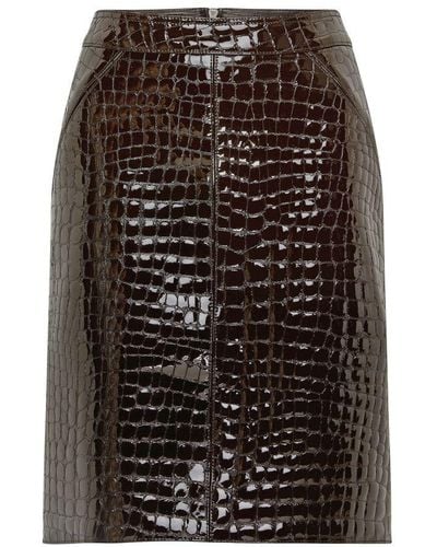 Tom Ford Glossy Croco Embossed Goat Leather Skirt - Brown