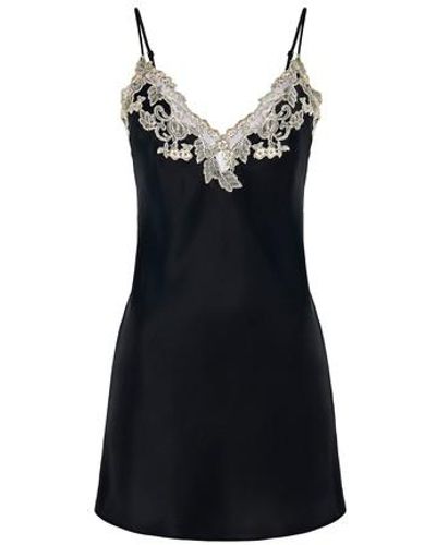 La Perla Slip Dress In Silk With Embroidered Tulle - Black