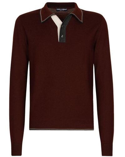 Dolce & Gabbana Wool Polo Shirt With Contrast Details - Brown