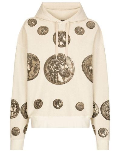 Dolce & Gabbana Reverse Jersey Hoodie With Hood And Coin Print - Natural