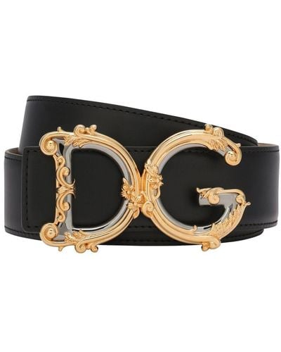 Dolce & Gabbana Leather Belt With Baroque Dg Logo - Black