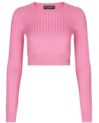 Dolce & Gabbana Ribbed Cropped Silk Top - Pink