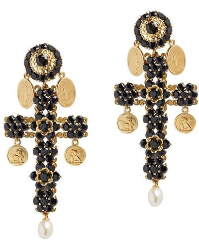 Dolce & Gabbana Cross Earrings With Sapphires And Medallions - Black