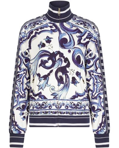 Dolce & Gabbana Sweatshirt Aus Cady Majolika-Print Mit Reißverschluss - Blau