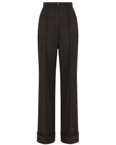 Dolce & Gabbana Woollen Palazzo Trousers With Turn-Ups - Black