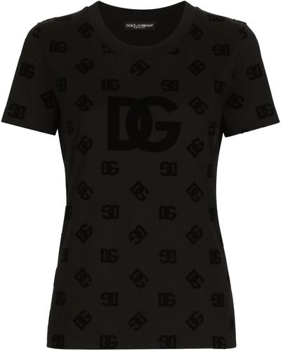 Dolce & Gabbana T-Shirt Aus Jersey Mit Geflocktem Dg-Logo Allover - Schwarz