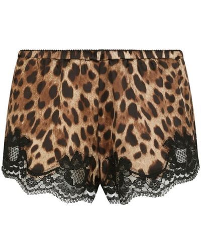 Dolce & Gabbana Leopard-print Satin Lingerie Shorts With Lace Detailing - Brown