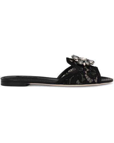 Dolce & Gabbana Slippers In Lace With Crystals - Schwarz
