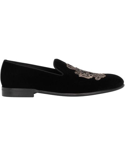 Dolce & Gabbana Velvet Slippers With Coat Of Arms Embroidery - Black