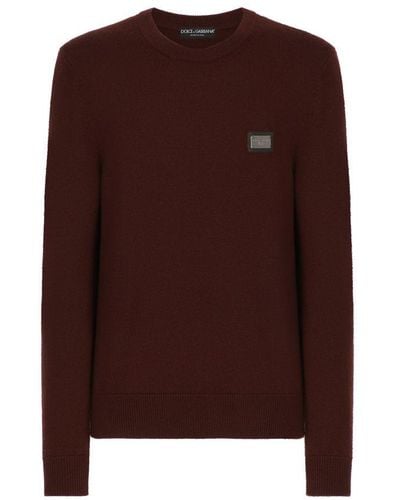 Dolce & Gabbana Wool Round-Neck Sweater With Branded Tag - Brown