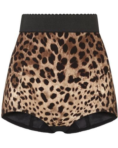 Dolce & Gabbana High-waisted Charmeuse Panties With Leopard Print - Brown