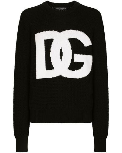 Dolce & Gabbana Round-Neck Wool Jumper With Dg Logo Inlay - Black