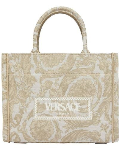 Versace Embroidered Jacquard Barocco And Calf Leather Medium Tote - Metallic
