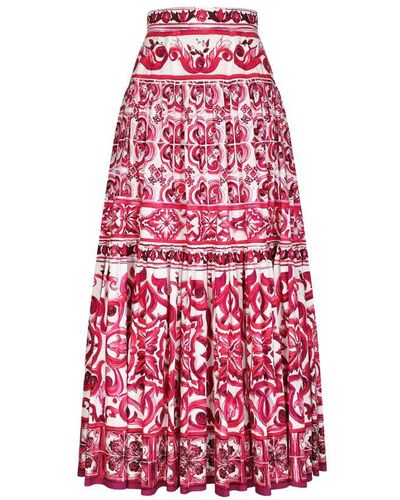 Dolce & Gabbana Long Majolica-Print Poplin Skirt - Red