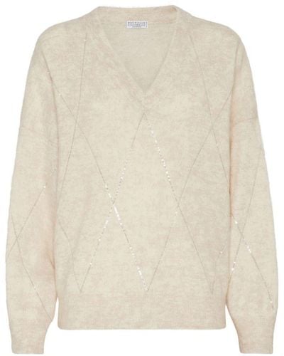 Brunello Cucinelli Sweater With Dazzling Argyle Embroidery - White
