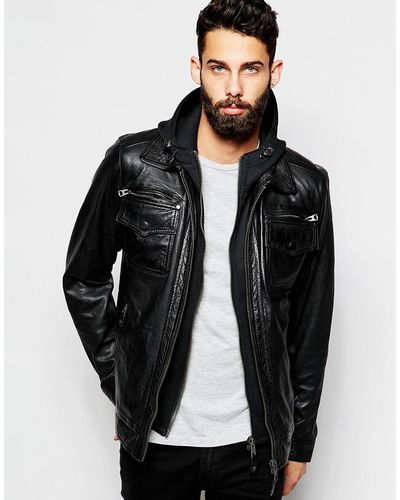 Schott Nyc Leather Jacket With Hoodie Insert - Black