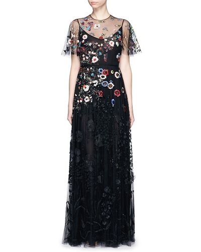 Valentino Floral Embroidery Bead Appliqué Tulle Gown - Black