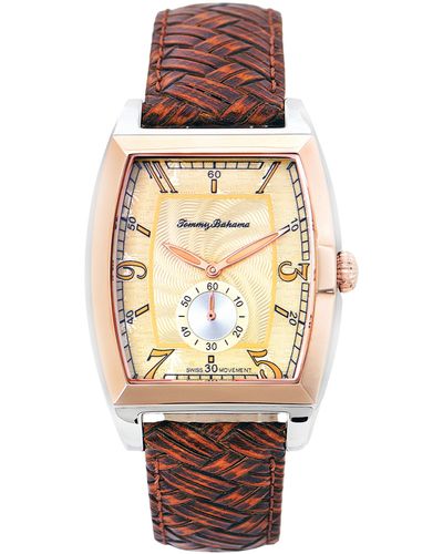 Tommy Bahama Mens Swiss Amber Brown Basketweave Leather Strap 36mm - Red