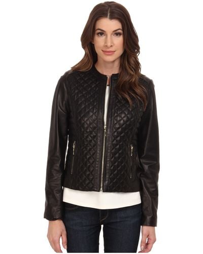 Cole Haan Collarless Moto Diamond Quilted Leather Jacket - Black