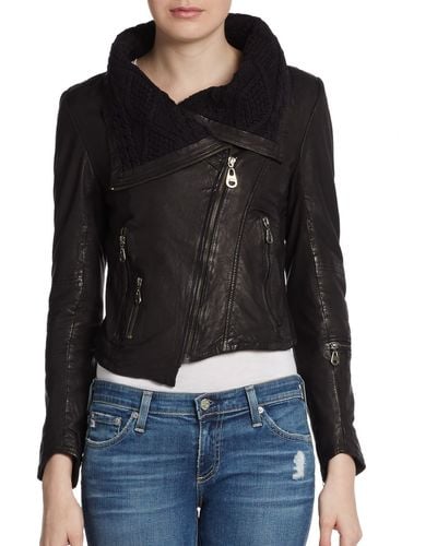 Doma Leather Asymmetrical Cropped Leather Jacket - Black
