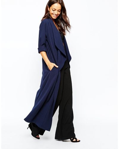 Never Fully Dressed Waterfall Crepe Maxi Duster Coat - Blue