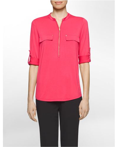 Calvin Klein Zip Roll-up 3/4 Sleeve Top - Pink