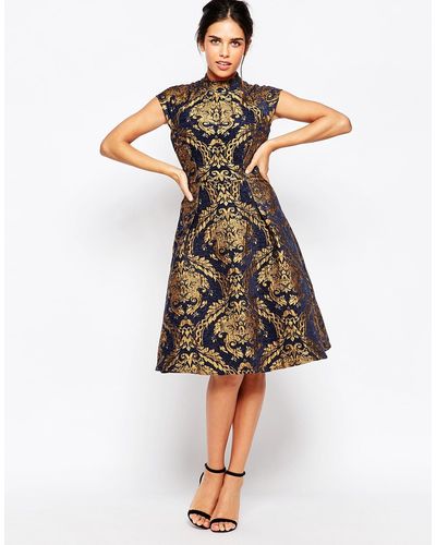 Chi Chi London High Neck Structured Skater Dress In Baroque Print - Blue