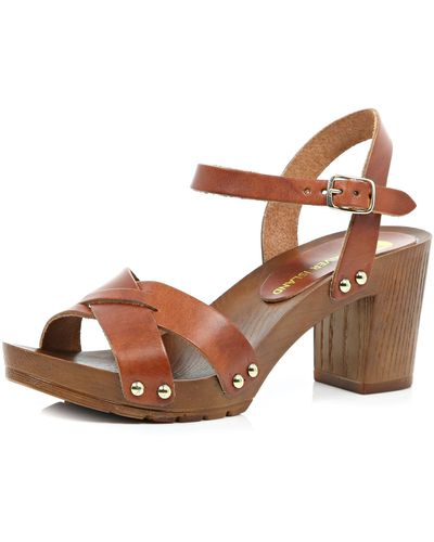 River Island Brown Leather Wooden Heel Clog Sandals