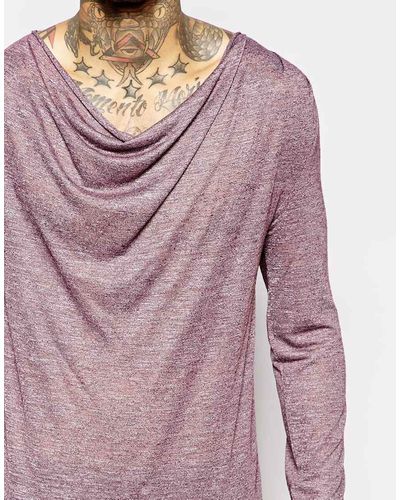 ASOS Longline Long Sleeve T-shirt With Drape Neck - Purple