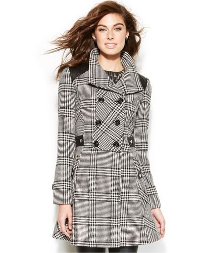 Guess Double-Breasted Plaid A-Line Coat - Gray