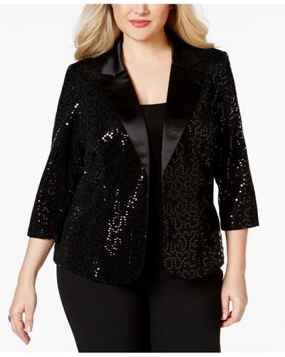 Alex Evenings Plus Size Glitter & Sequin Top & Jacket Set - Black