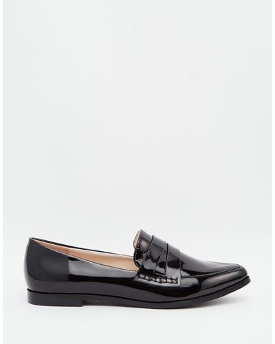 Daisy Street Patent Pointed Toe Loafer Flat Shoes - Black