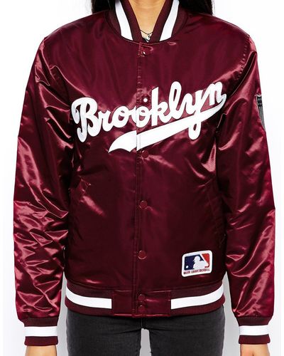 Majestic Brooklyn Dodgers Satin Baseball Bomber Jacket - Purple