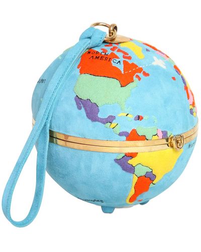 Olympia Le-Tan Globe Hand Embroidered Suede Clutch - Blue