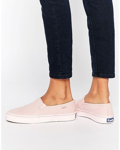Keds Double Decker Washed Leather Pale Pink Slip On Plimsoll Trainers