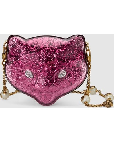 Gucci Glitter Plexiglass Cat Clutch - Pink