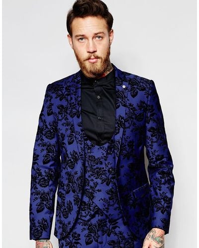 Noose And Monkey Suit Jacket With Stretch And Floral Flocking In Super Skinny Fit - Blue