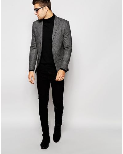 SELECTED Wool Herringbone Blazer In Slim Fit - Grey