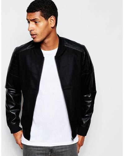 Produkt Wool Bomber Jacket With Faux Leather Sleeves - Black