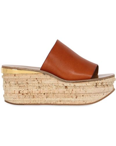 Chloé Camille Leather Wedge Mules - Brown