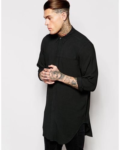 ASOS Super Longline Shirt In Rayon With Mini Button Down - Black