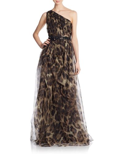 Badgley Mischka Silk Organza Animal-print One-shoulder Gown - Brown